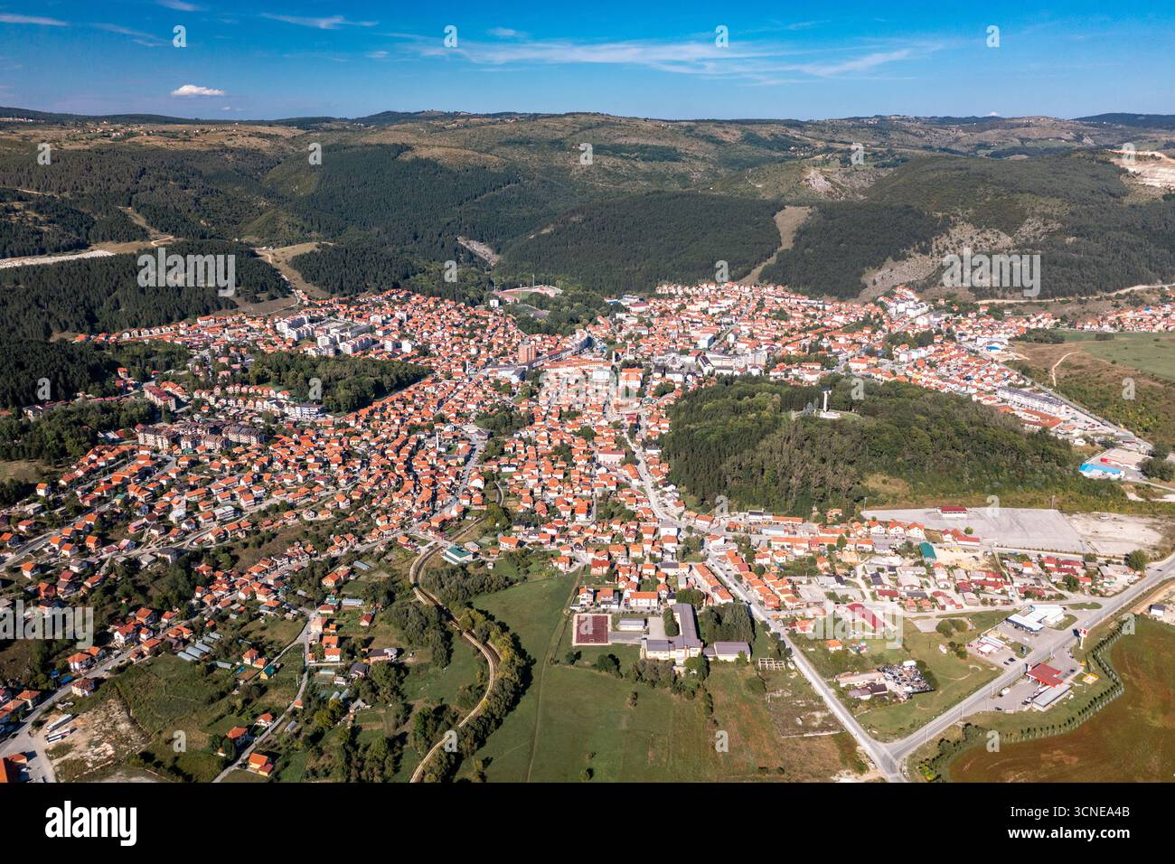 Panorama von Pljevlja auf dem Fluss Cehotina, Stadt und Gemeinde im Norden Montenegros Stockfoto