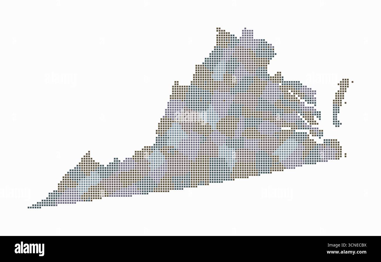 Virginia gepunktete Karte. Digitale Karte des Zustands auf weißem Hintergrund. Virginia-Form mit quadratischen Punkten. Farbige Punkte. Kleine Quadrate. Stock Vektor