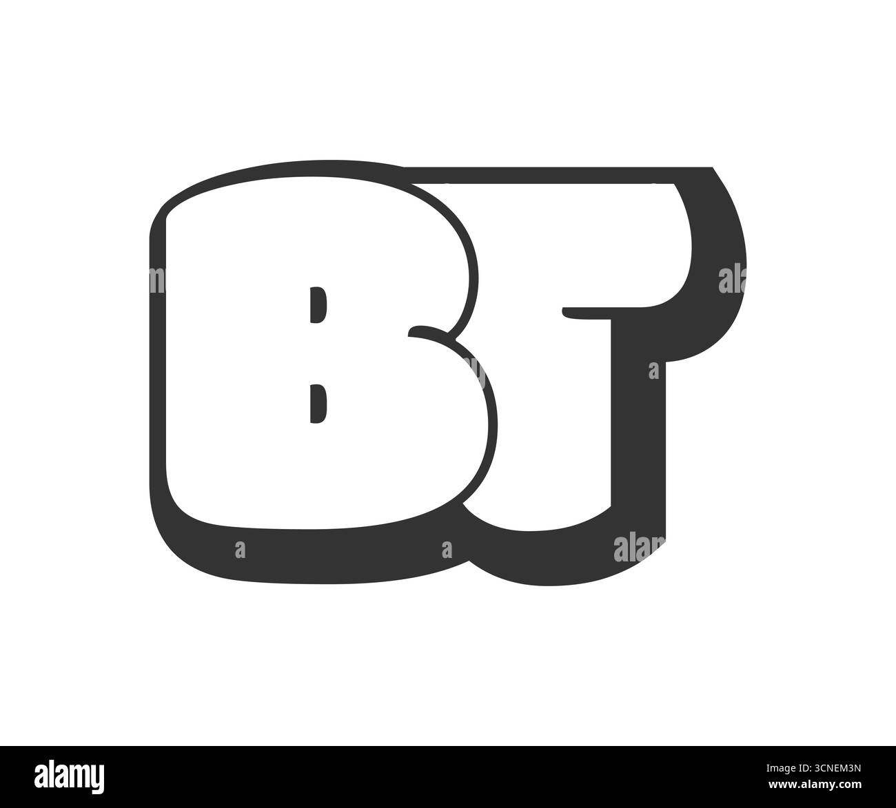 BT-Logo, Bubble-Comic-Schriftzug, abgerundet in schwarz-weißer Silhouette im Graffiti-Stil. Trendiger B- und T-Letter-Text für die Festivalparty, Person Stock Vektor