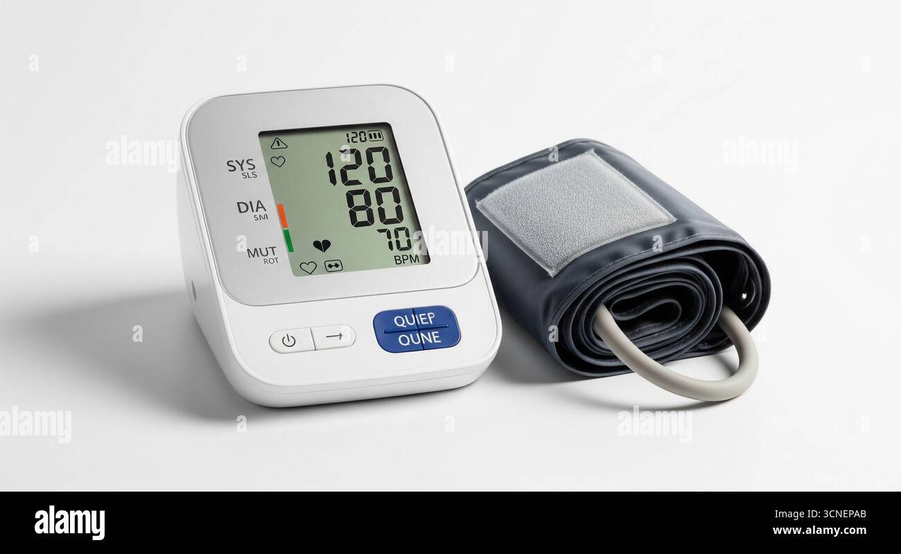 Digitales Blutdruckmessgerät auf einem sauberen weißen Hintergrund, das die Bildschirmanzeige mit Messwerten anzeigt, und die Manschette ist ordentlich daneben gerollt Stockfoto