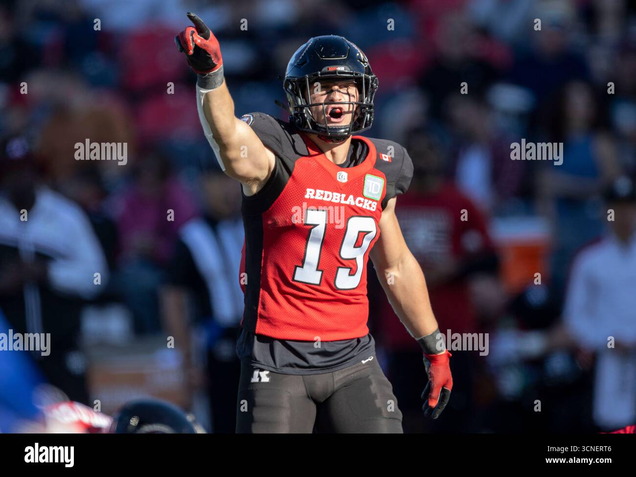 Ottawa, Kanada. September 2025. Lucas CORMIER (19) von den Ottawa RedBlack. Die Winnipeg Blue Bomber besiegten die Ottawa Redblacks 26-18 in der Regular Season Canadian Football League (CFL). Quelle: Sean Burges/Alamy Live News Stockfoto
