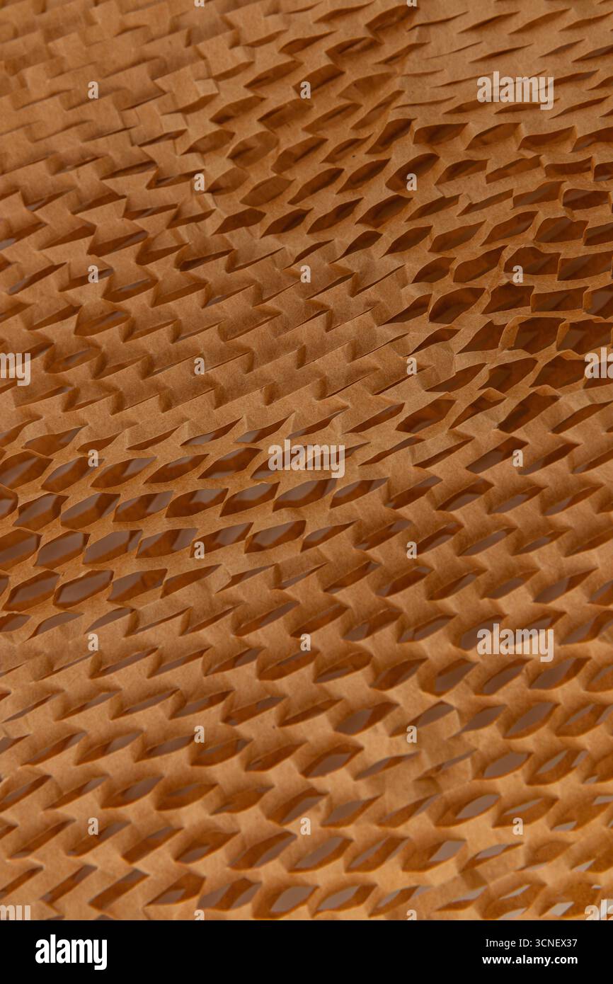 Nahansicht von aufwändig gewebtem Papier mit einem skalenartigen Muster, hervorgehoben durch warme Töne. Dieses dekorative Element verleiht Tiefe und Interesse Stockfoto