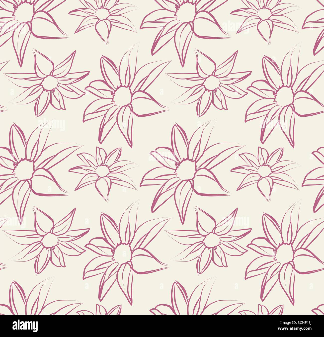 Botanische Linienzeichnung nahtlose Wiederholung, zartes Blumenmuster für Stoff und Tapeten Stockfoto