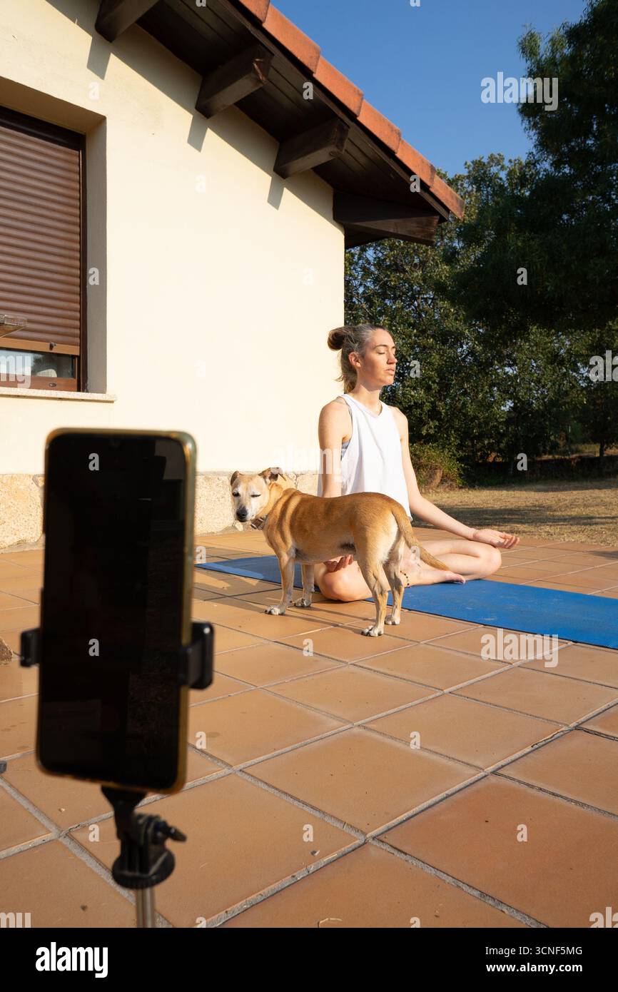 Frau nimmt Online-Yoga-Kurs mit ihrem Hund neben ihr auf Stockfoto