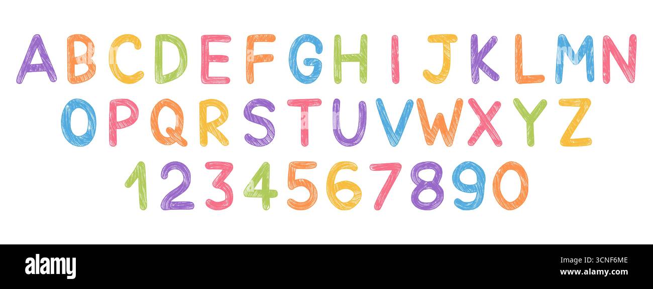 Buntes Wachsmalstift Buchstaben und Zahlen Alphabet. Handgezeichnete Kritzeleien. Kinderschriftart mit Kreide- und Bleistiftstruktur Stock Vektor