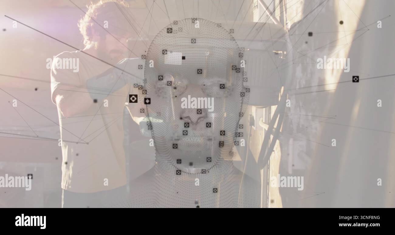3D-Mesh-Kopf im Technikstudio, Techniker tragen ein T-Shirt und Jeans, die den Scanner anpassen Stockfoto