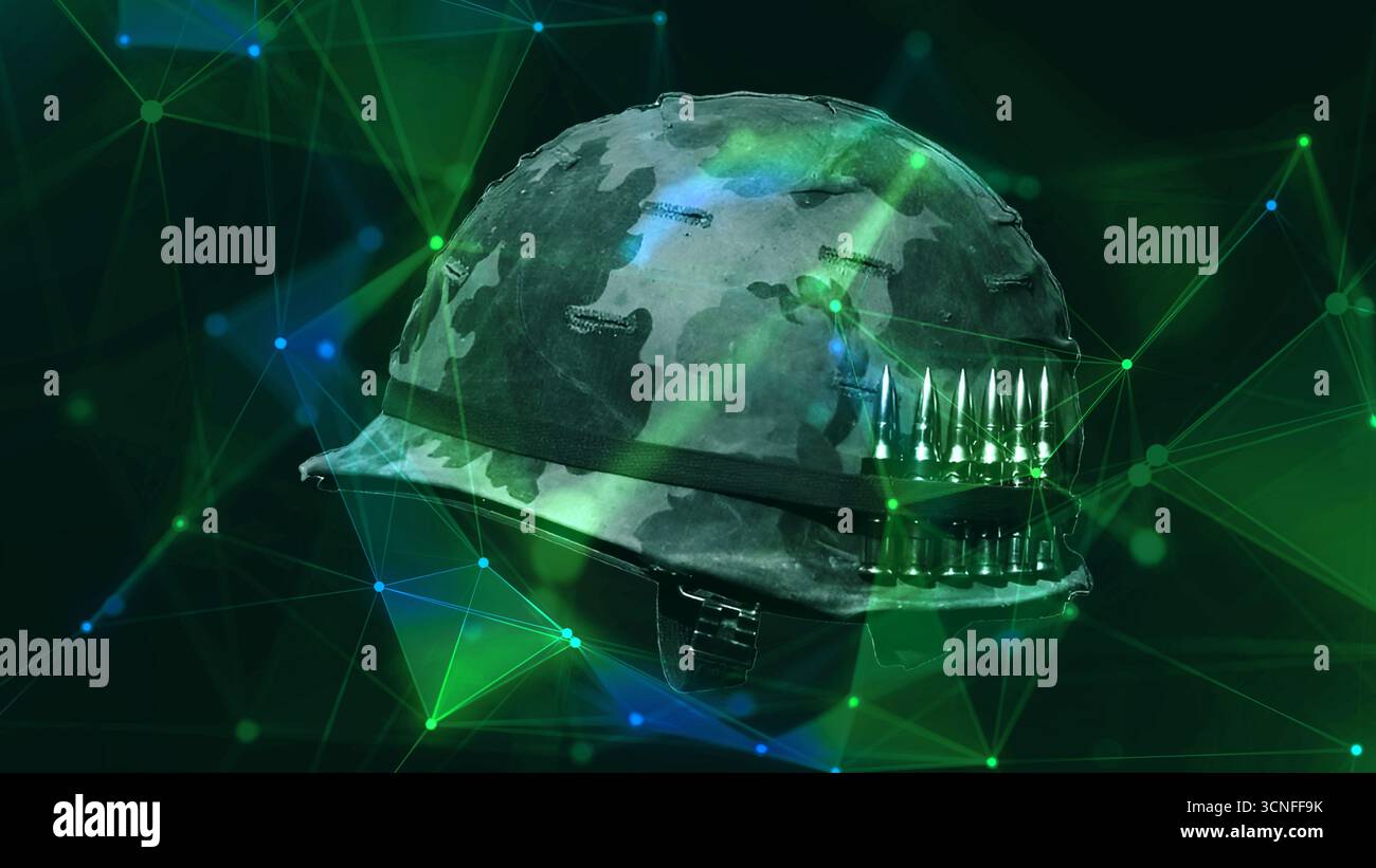 Camouflage-Kampfhelm mit Futuristic Network Overlay Stockfoto