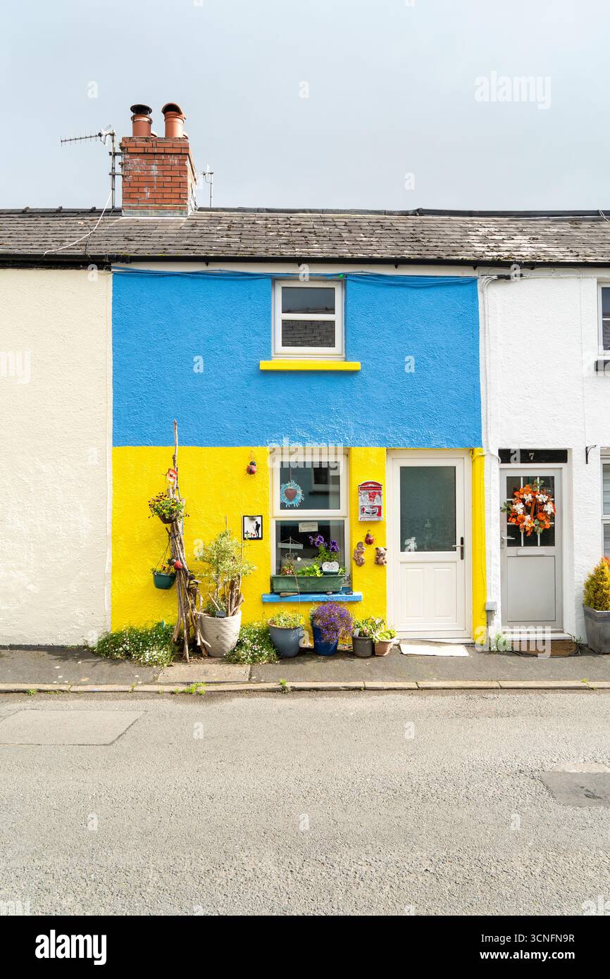 Kleines Reihenhaus in ukrainischen Flaggenfarben bemalt und mit Ornamenten verziert Stockfoto