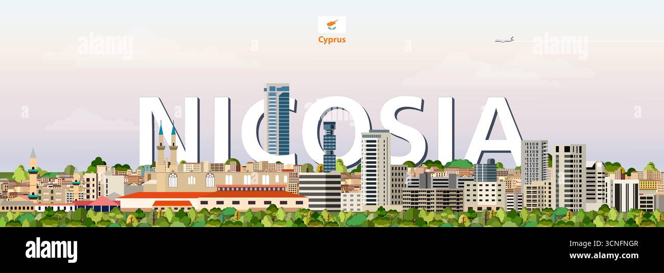 Nikosia Stadtbild bunte Vektor-Illustration mit großem Stadtnamen auf dem Hintergrund. Trendiges Reiseposter Stock Vektor