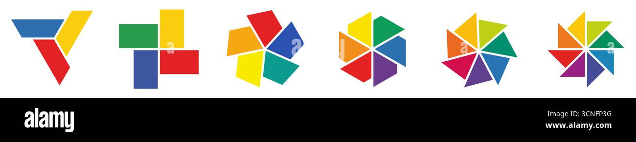 Schräge Rechtecke oder Dreiecke im Kreismuster angeordnet - Version mit drei bis acht Teilen, einfaches Infografik-Element Stock Vektor