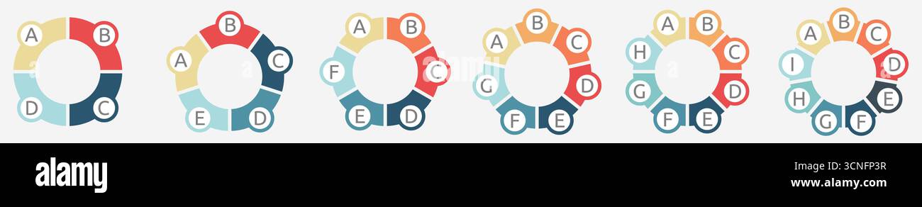Kreis in gleiche Segmente unterteilt, Version mit vier bis neun Teilen. Einfaches Infografik-Element Stock Vektor