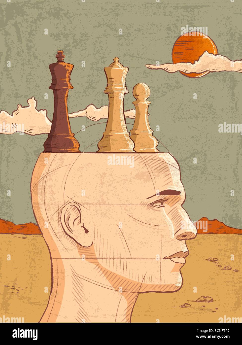 Strategischer Verstand, ein paar Schachfiguren und ein männliches Kopfprofil. Digitale Illustration. Stockfoto
