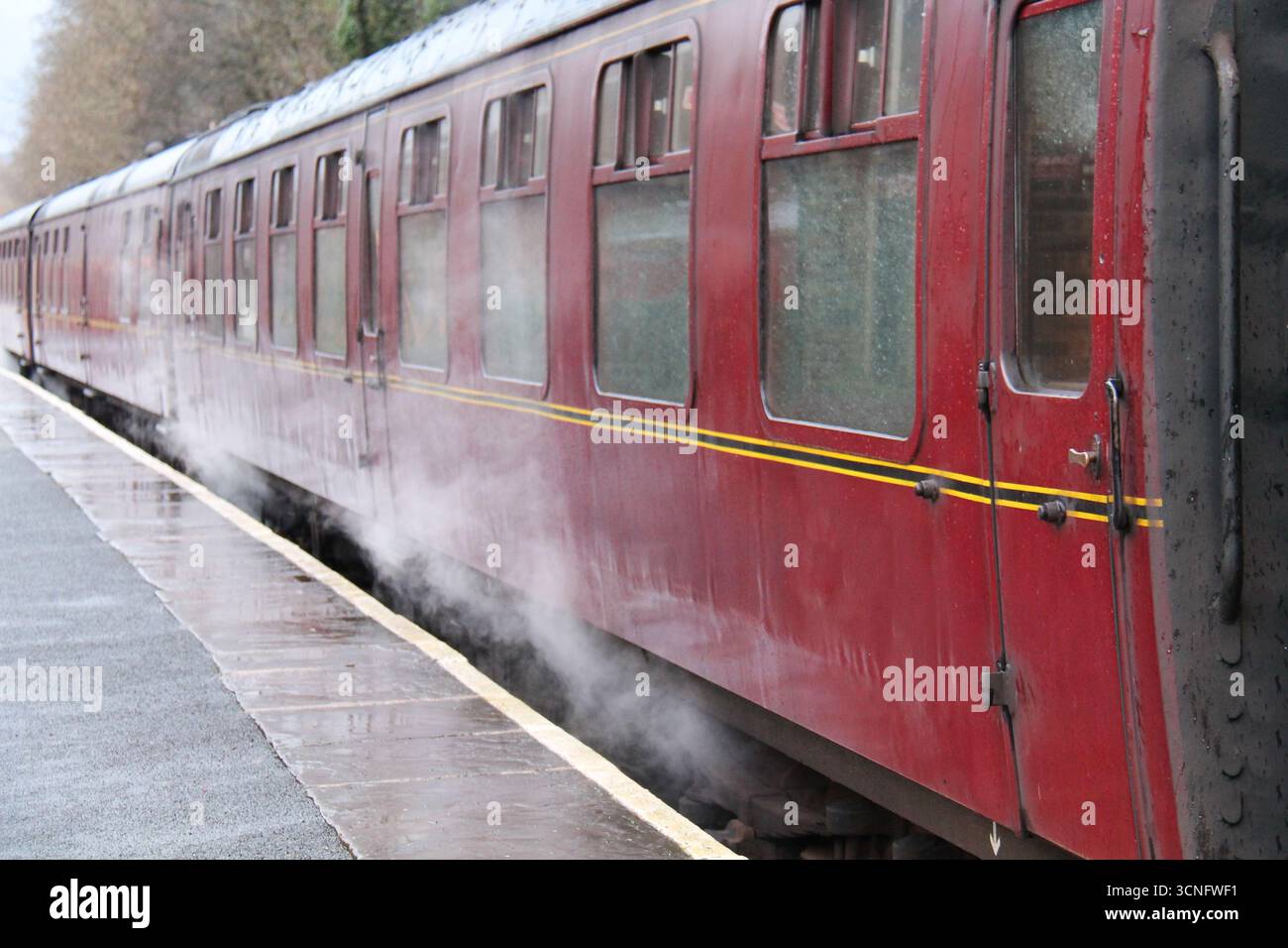 Dampf steigt aus den alten Eisenbahnwaggons. Stockfoto