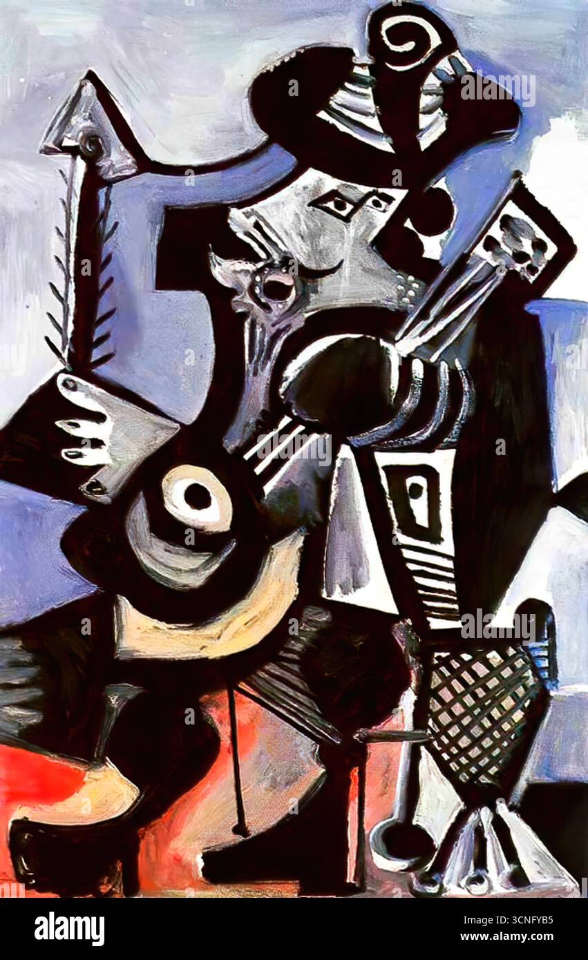 Pablo Picasso Musicien, Musiker, 1972, Ölgemälde des Gitarristen aus der Spätzeit mit kräftigen Konturen und lebendiger Palette, moderne spanische Kunst. Stock Vektor