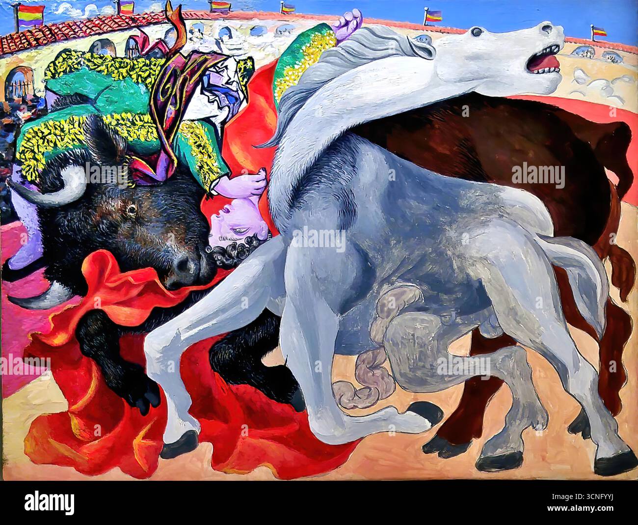 Pablo Picasso Corrida Tod des Stierkampfers, 1933, dramatisches Öl auf Panel des spanischen Stierkampfes mit gefallenem Matador, Leben und Tod Thema. Stock Vektor