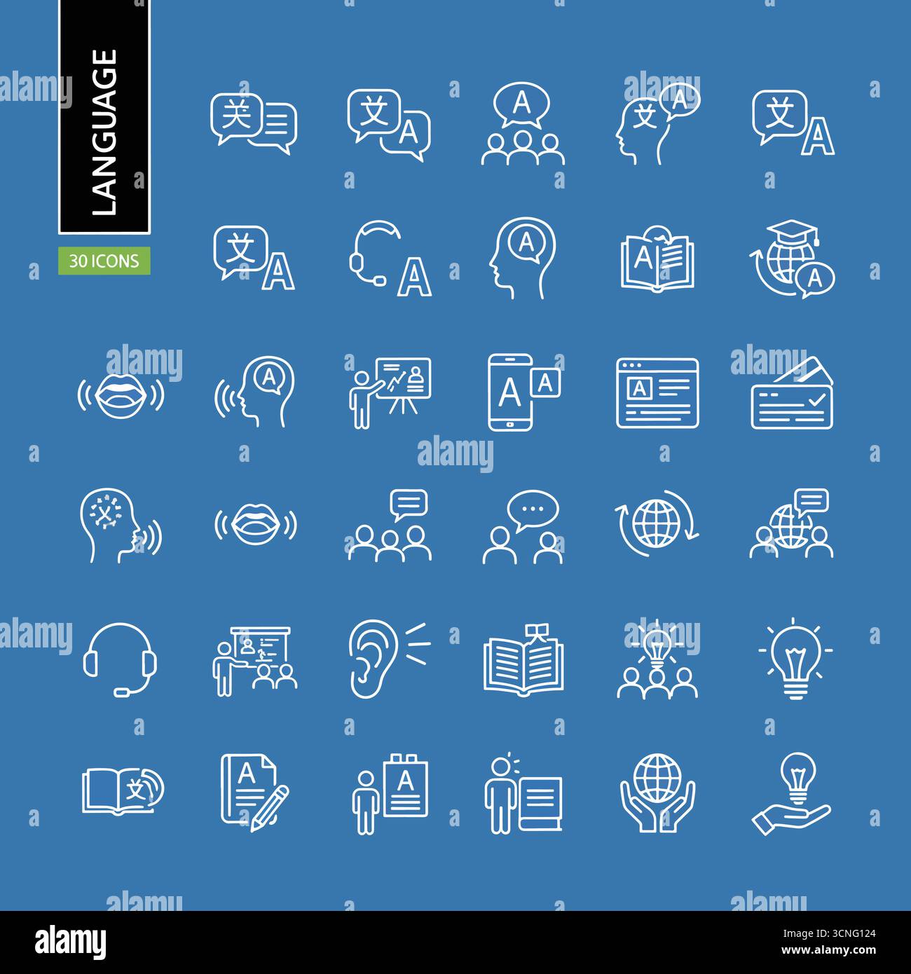 Sprachgruppe von Websymbolen im Linienstil. Lineare Symbolsammlung für Übersetzung und Kommunikation. Mit Übersetzung, Schreiben, Sprechen, Diktio Stock Vektor