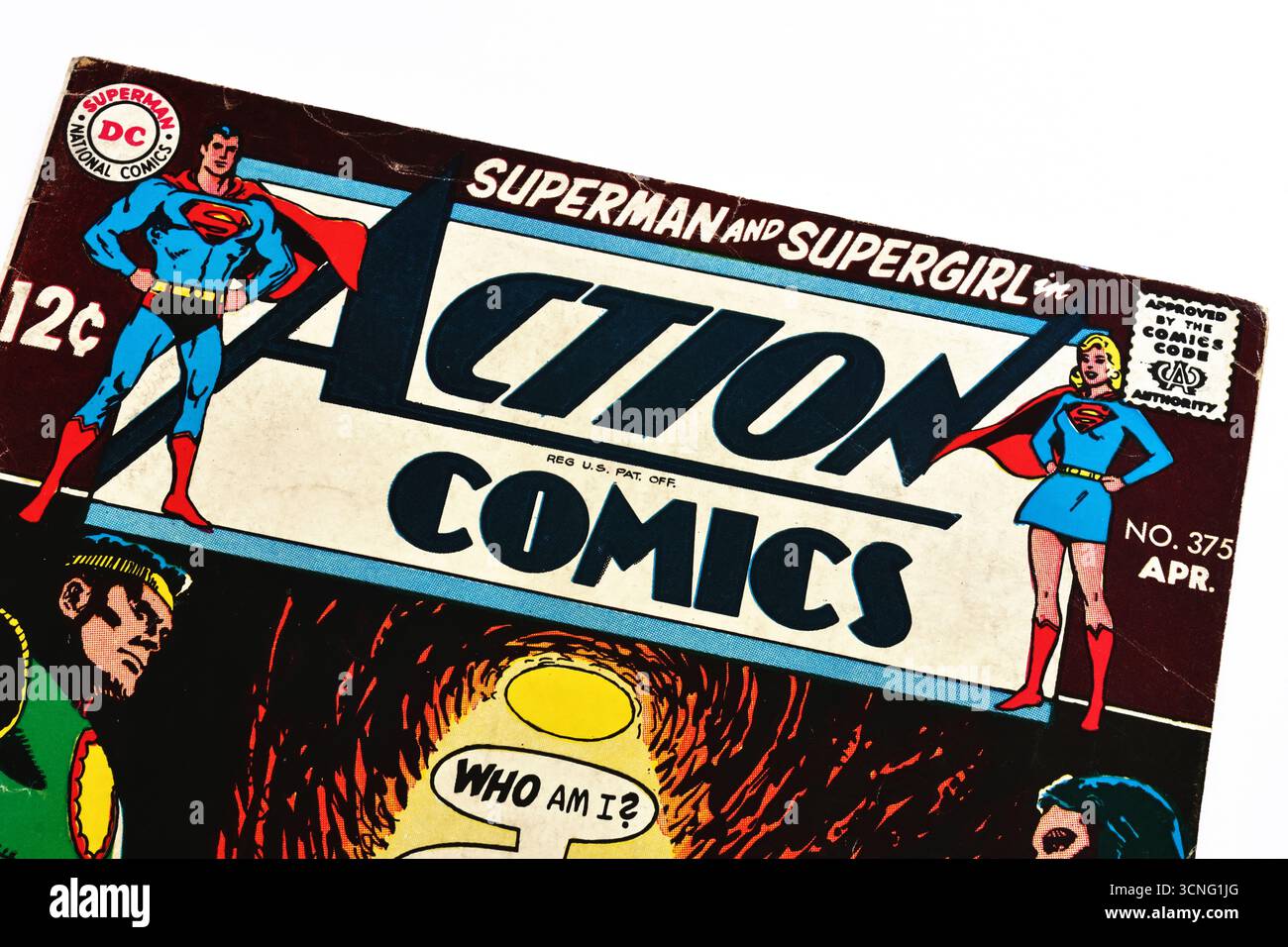 Nahaufnahme des Titellogos von Action Comics von einem Vintage-Cover von DC Comics Stockfoto