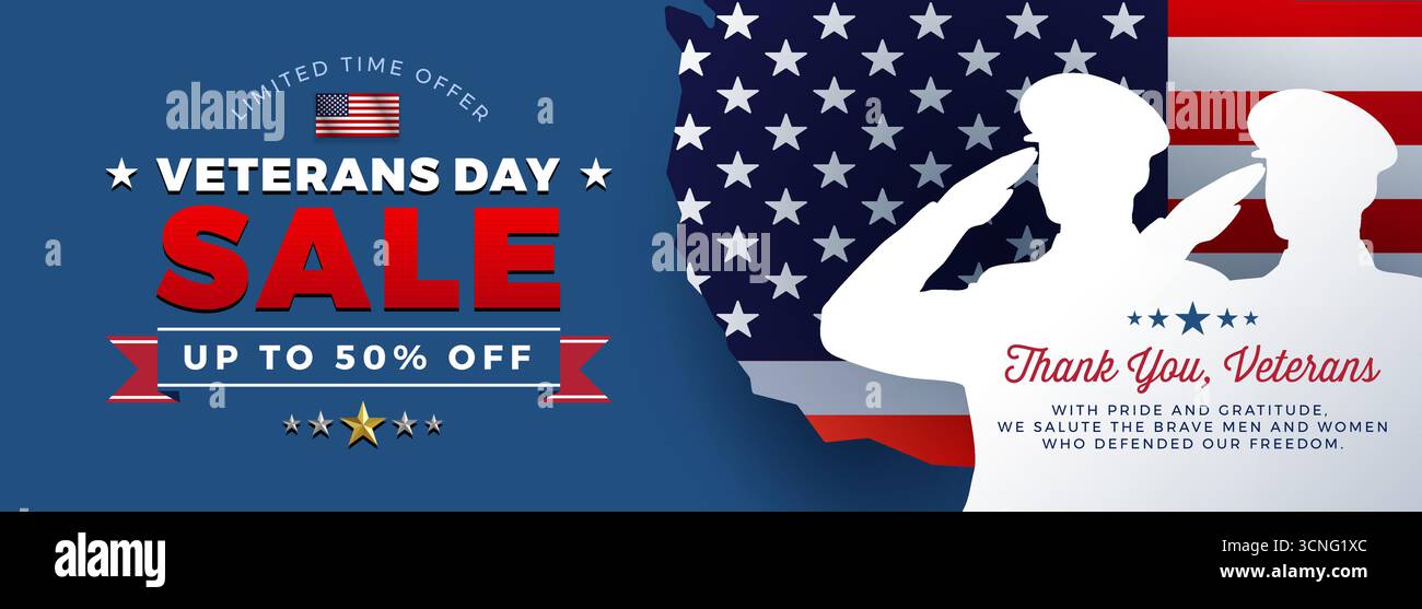 Veterans Day Sale blaues Hintergrundbanner - USA salutende Streitkräfte, Veterans Day Sale Schriftzug Typografie auf US-Flagge patriotischen Hintergrund Stock Vektor