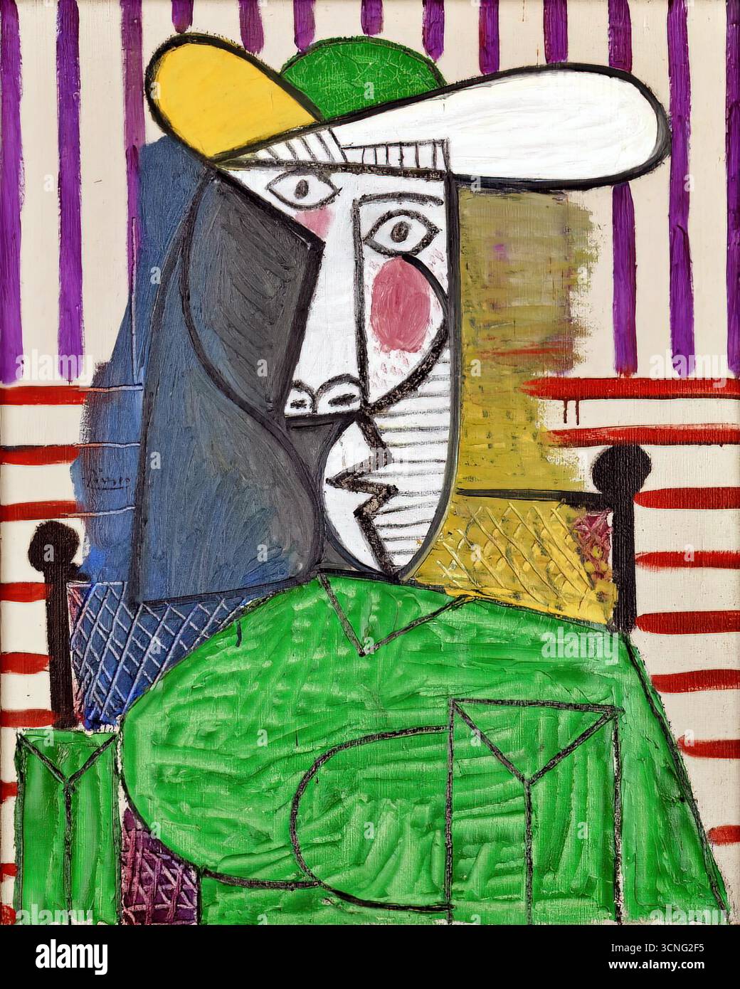 Pablo Picasso-Büste einer Frau, 1944, kubistisches Surrealistisches Porträt einer weiblichen Figur mit abstrakten Formen, kräftigen Farben, moderner Kunst der Nachkriegszeit. Stock Vektor