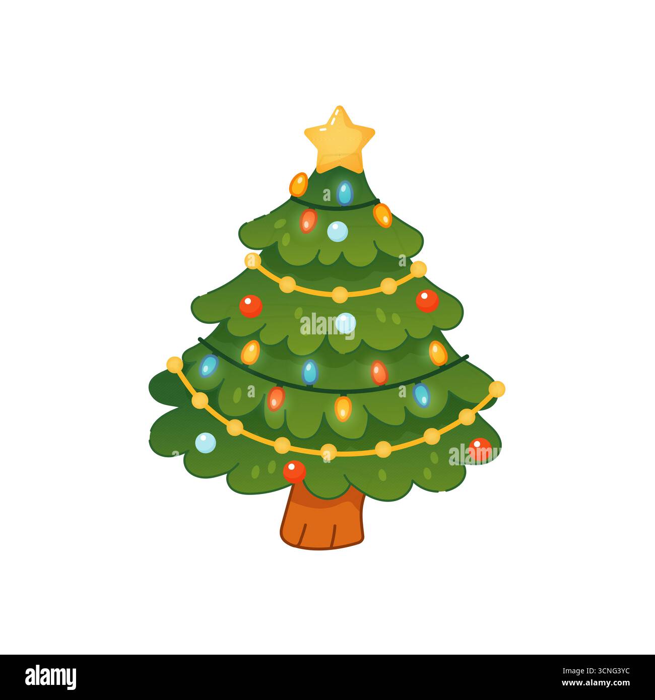 Ein Cartoon-Weihnachtsbaum mit einem Stern oben und Lichtern auf den Zweigen. Der Baum ist grün und hat einen braunen Stamm Stock Vektor