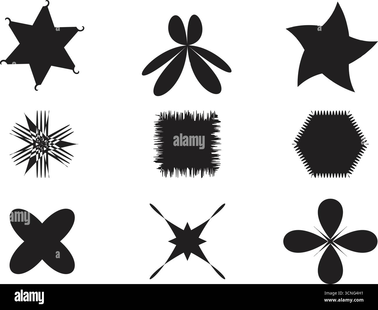 Ein Set aus neun einzigartigen, stilisierten geometrischen Formen in schwarzer Silhouette vor weißem Hintergrund. Stock Vektor
