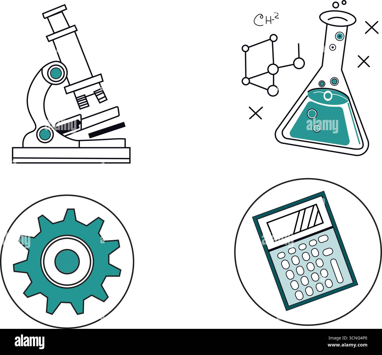 Einfache Symbole für Wissenschaft, Technologie und technische Werkzeuge. Stock Vektor