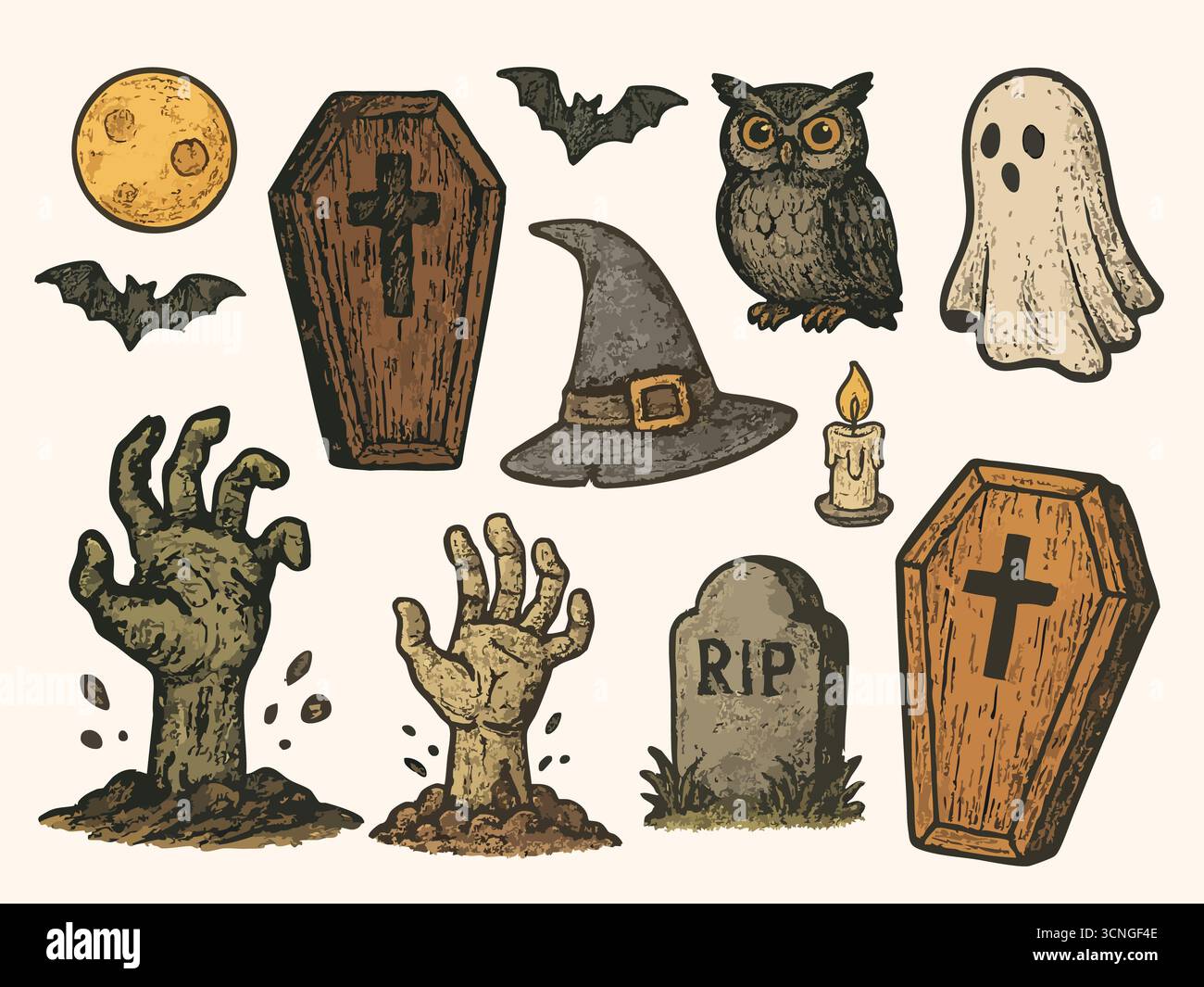 Vintage handgezeichneter Halloween-Vektor, Tusche strukturierte Retro-Skizze mit süßer gruseliger Stimmung, verspieltes Herbstferien-Design Set 3 Stockfoto