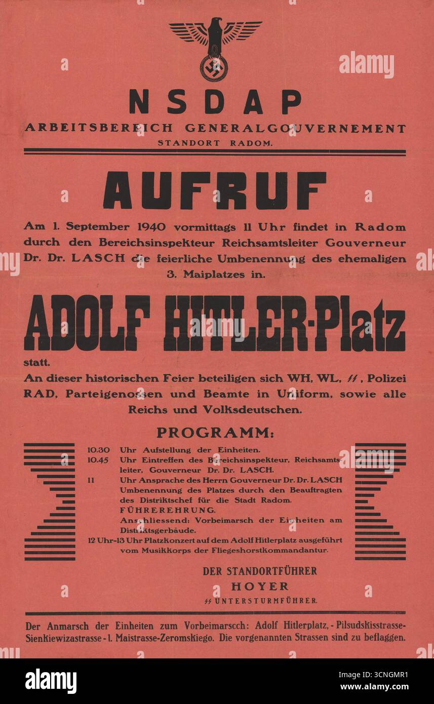 Ankündigung der Zeremonie zur Umbenennung des 3. Maja-Platz in Adolf-Hitler-Platz am 1. September 1940 Stockfoto