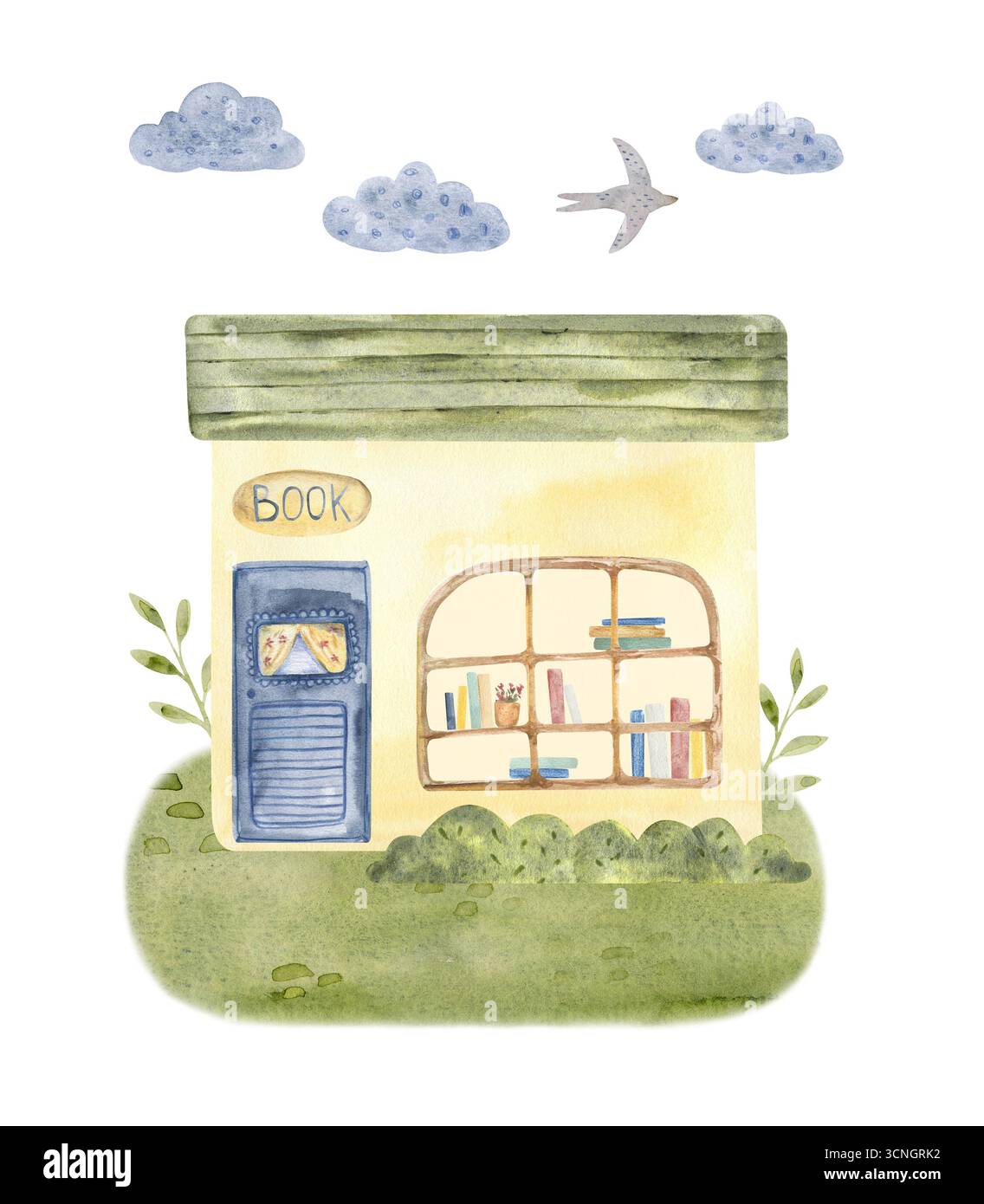 Bezaubernde Illustration im Buchladen mit Büchern, Fenstern und Wolken. Perfekt für Leser, Buchliebhaber, Kinderdesign, Poster, Karten, Wandkunst Stockfoto