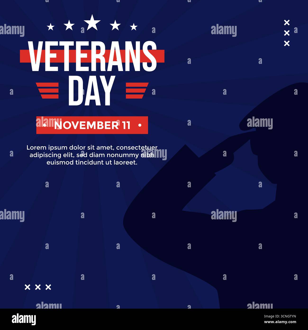 Veterans Day-Grüße auf dunkelblauem Hintergrund perfekt für Social-Media-Beiträge. Stock Vektor