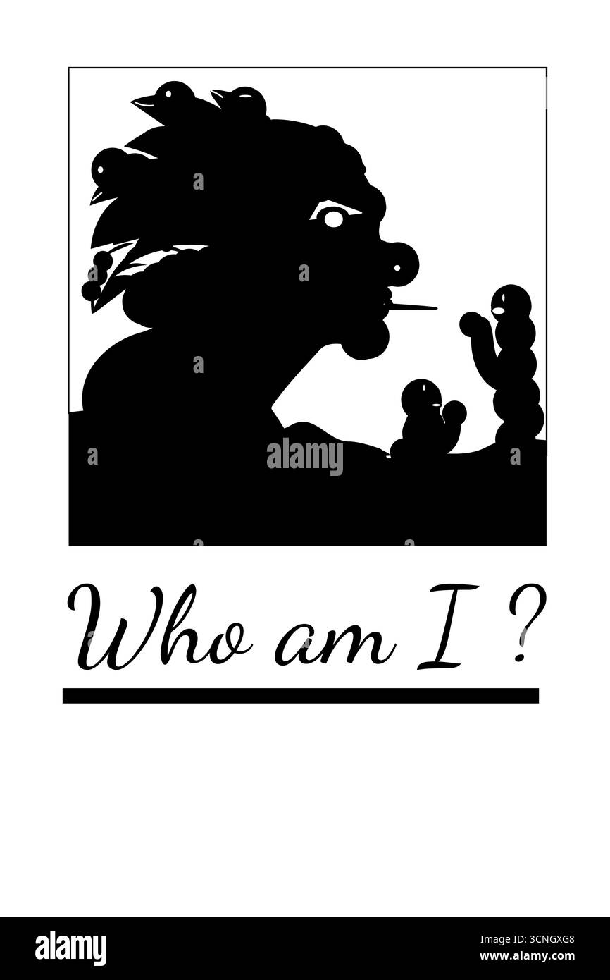 Eine auffällige schwarze Silhouette mit abstrakten, ausdrucksstarken Elementen wird mit der handgeschriebenen Beschriftung „Who am I?“ gepaart. In diesem kontraststarken, minimalistischen vec Stock Vektor