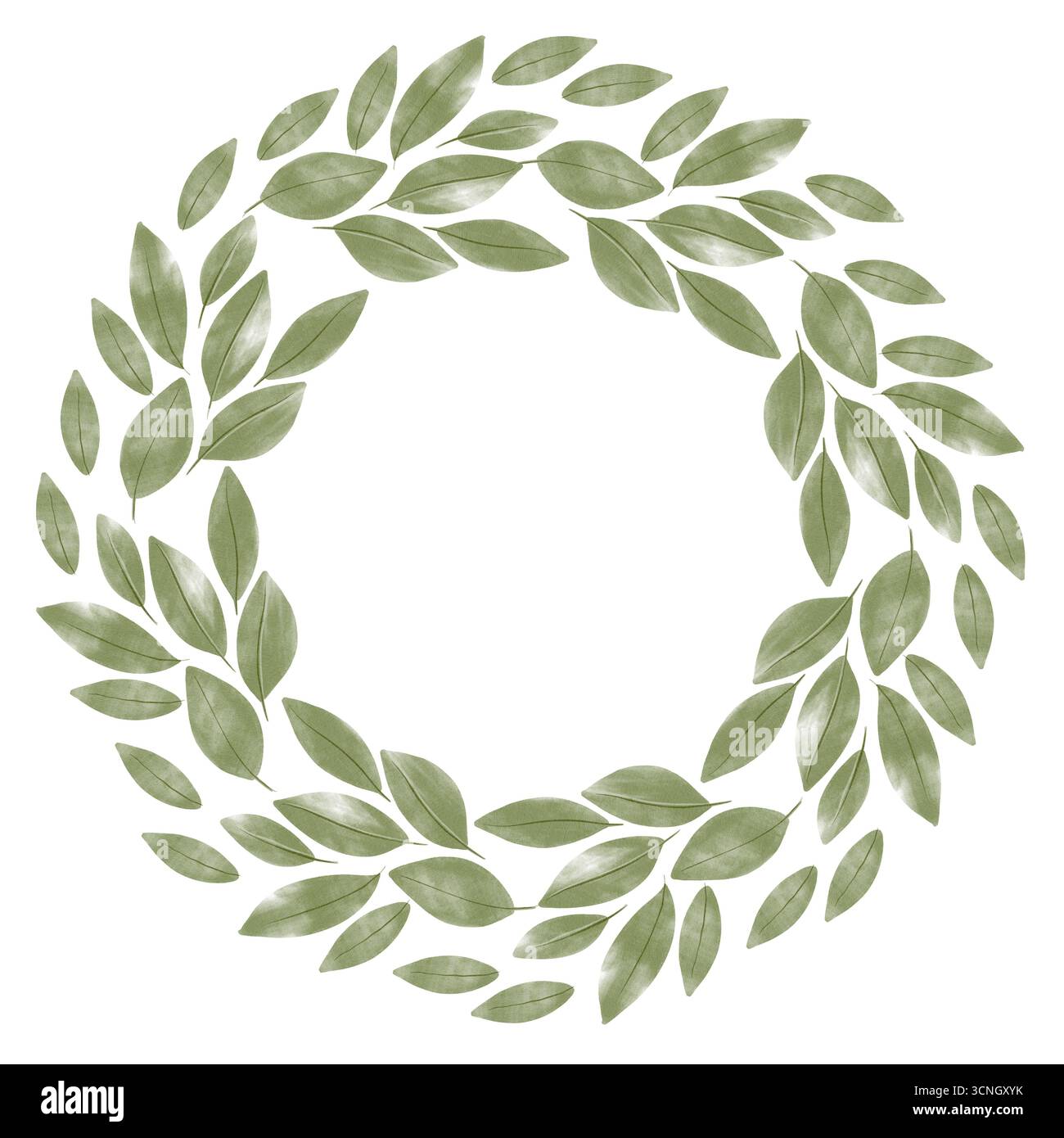Runder Aquarellrahmen aus Blättern in natürlichem, handbemalten Stil. Perfekt für Einladungen, Grußkarten, umweltfreundliches Branding, Verpackung Stockfoto