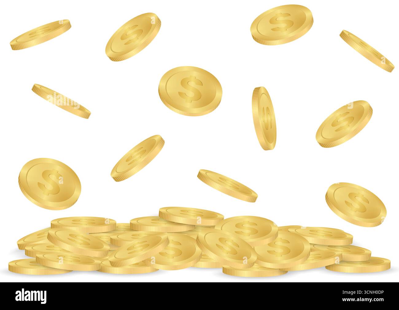 Goldene Münzen fallen in einen Stapel goldener Münzen. Reichtum und Wohlstand. Vektorabbildung. Stock Vektor