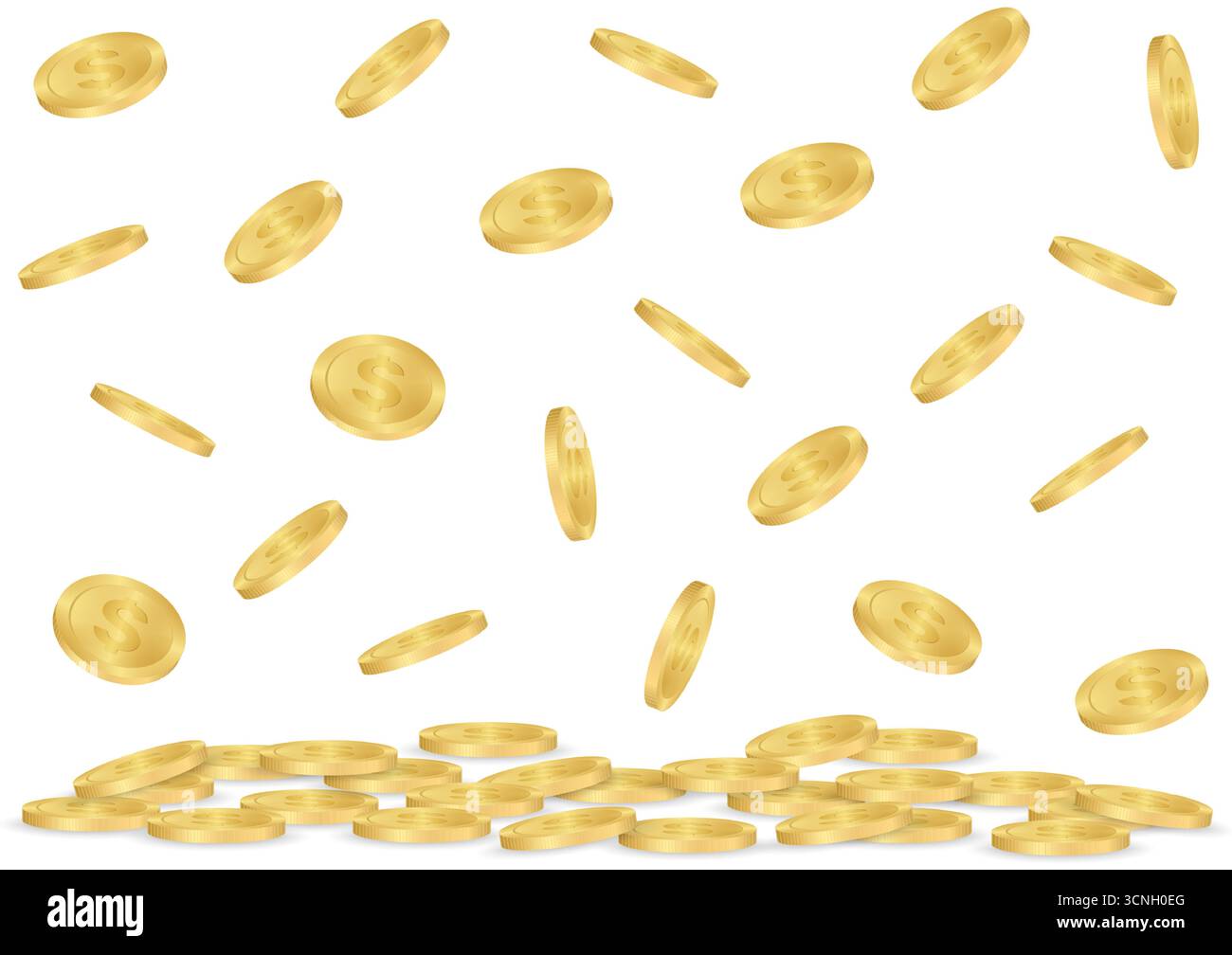 Goldene Münzen fallen in einen Stapel goldener Münzen. Reichtum und Wohlstand. Vektorabbildung. Stock Vektor