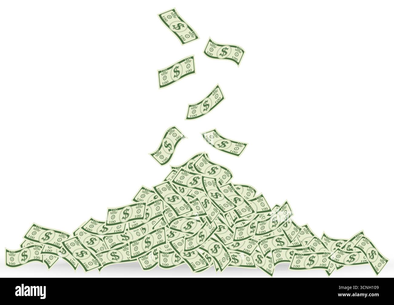 Dollarscheine oder Geldscheine, die in einen Haufen Geld fallen. Reichtum und Wohlstand. Vektorabbildung. Stock Vektor