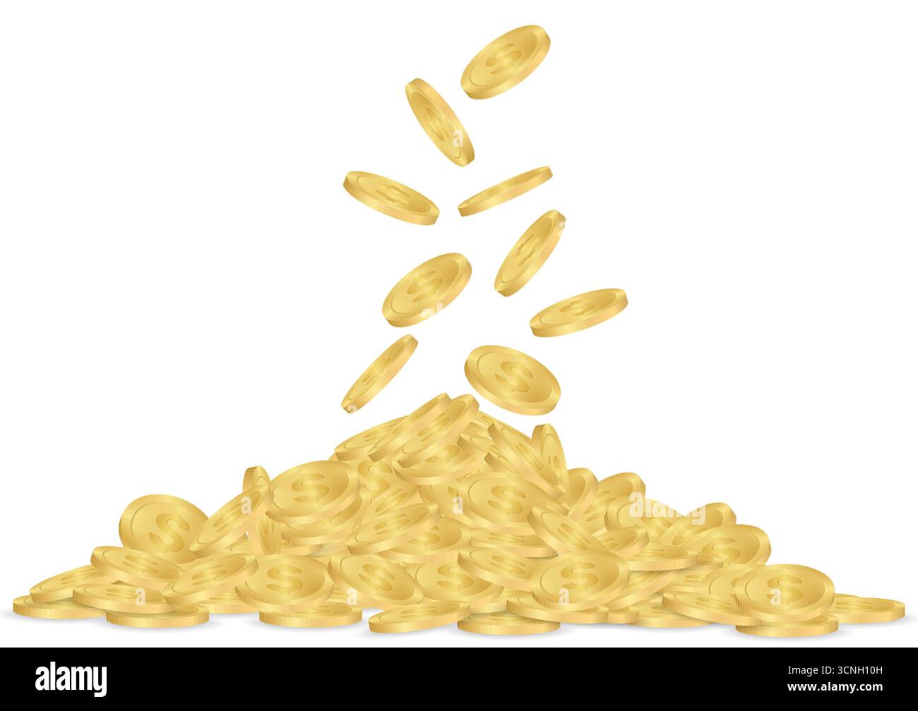 Goldene Münzen fallen in einen Stapel goldener Münzen. Reichtum und Wohlstand. Vektorabbildung. Stock Vektor