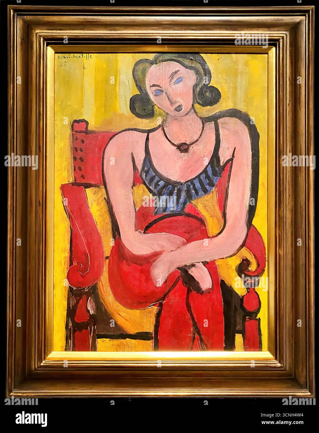 Henri Matisse Woman with Blue Bodice, 1935, modernistisches Porträt einer sitzenden Frau in gemusterter Innenausstattung mit auffälligen Farben und einfachem Stil. Stock Vektor