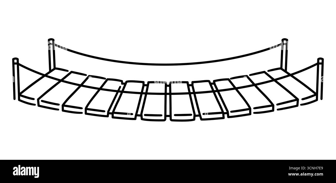 Einfache schwarz-weiße Linienzeichnung einer hölzernen Hängeseilbrücke. Vektor-Clipart-Illustration. Stock Vektor