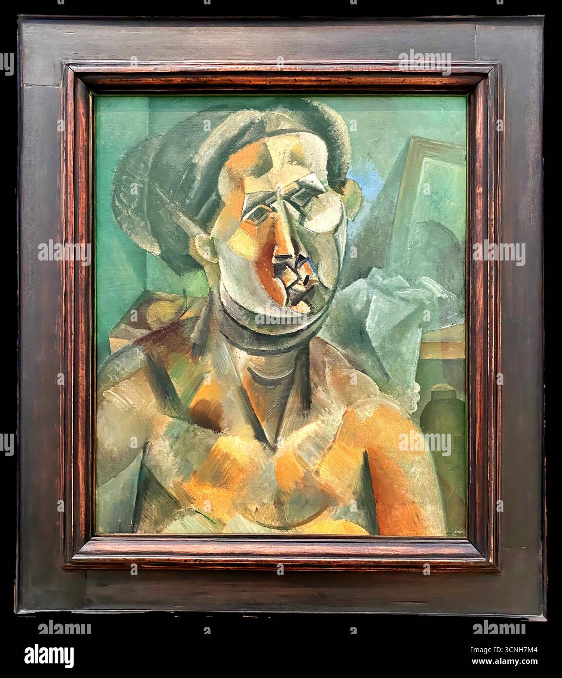 Pablo Picasso Head of a Woman, 1909, frühe analytische kubistische Malerei des weiblichen Kopfes mit fragmentierten geometrischen Formen und kühnem modernistischen Stil. Stock Vektor