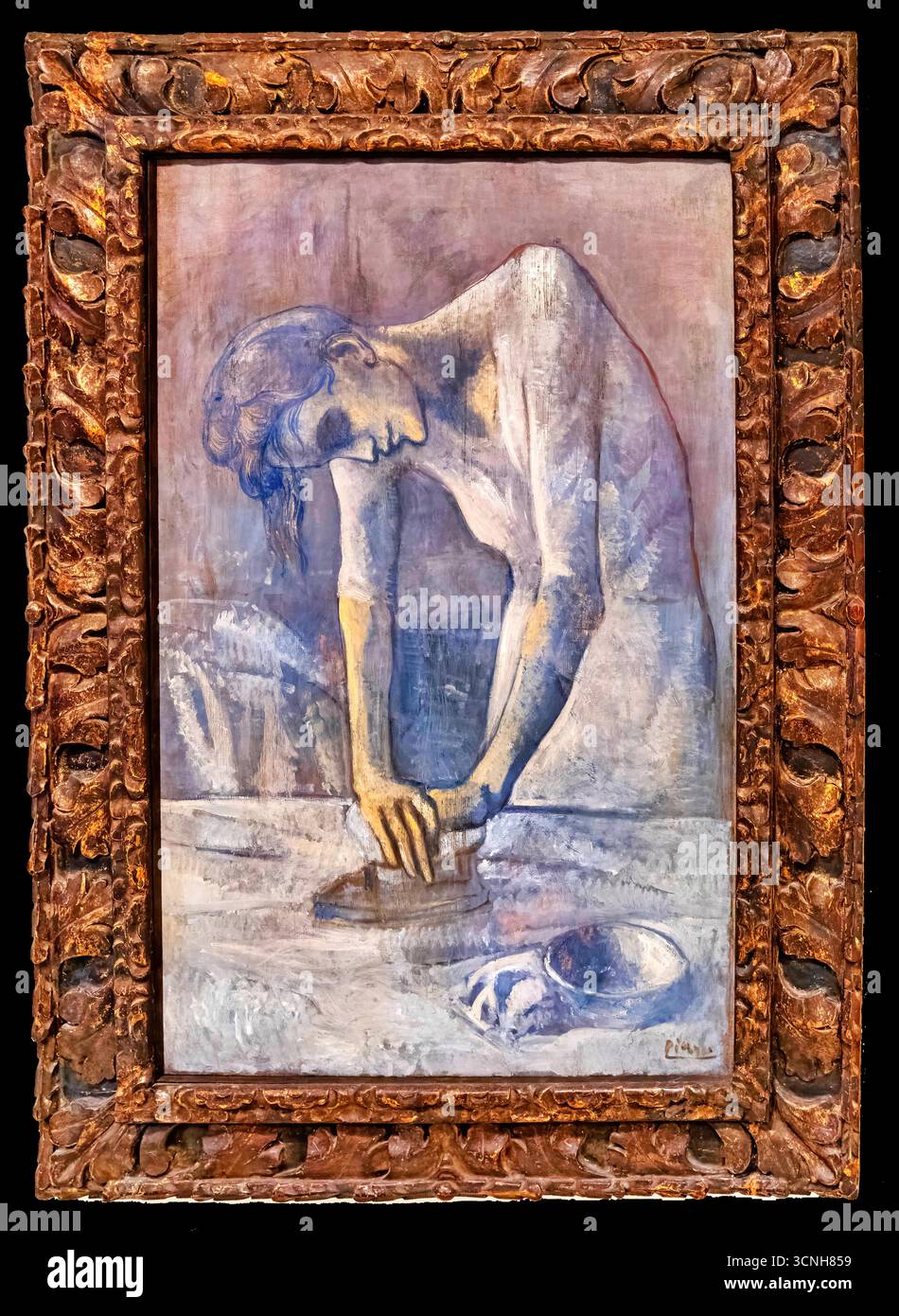 Pablo Picasso Woman Ironing, 1904, Gemälde der müden Frau, die Kleidung presst, symbolisiert Not, Arbeit und menschlichen Kampf. Stock Vektor