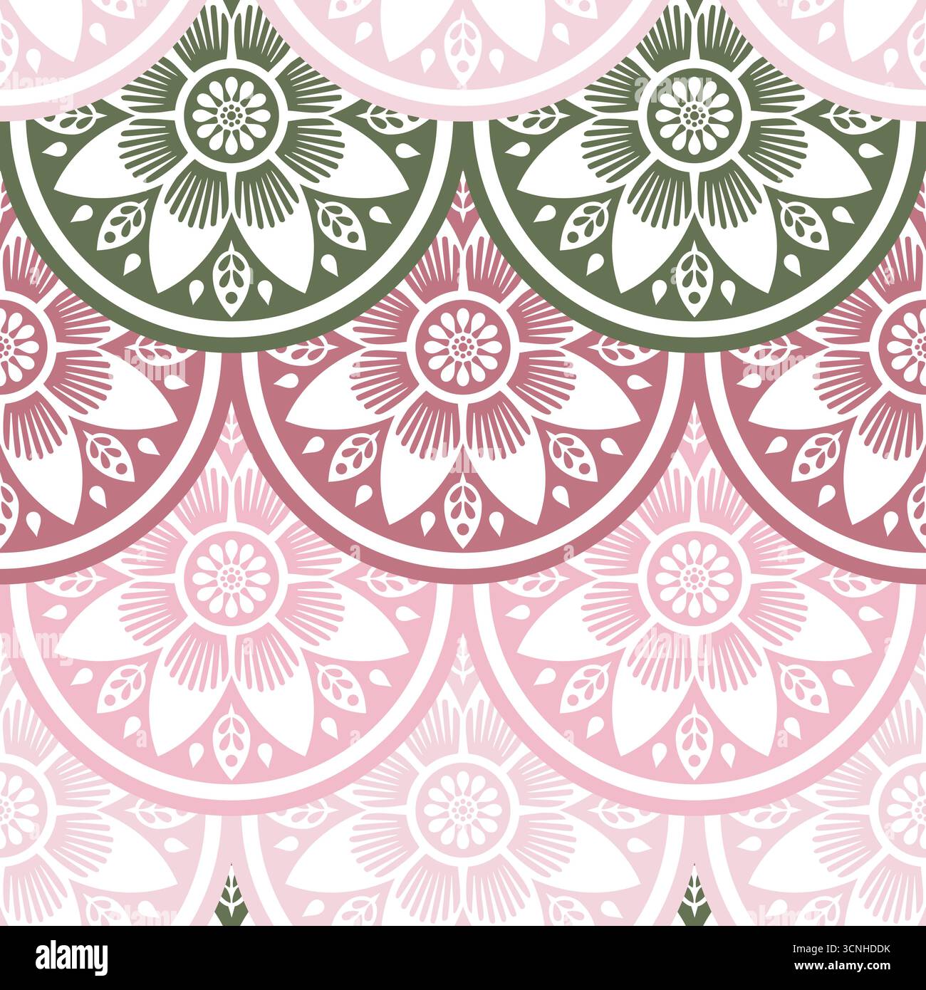 Abstraktes Blumenmuster, regelmäßige geometrische Ordnung, nahtloser Vektor, gedämpfte Pastell-Grün- und rosa-Farben Stock Vektor
