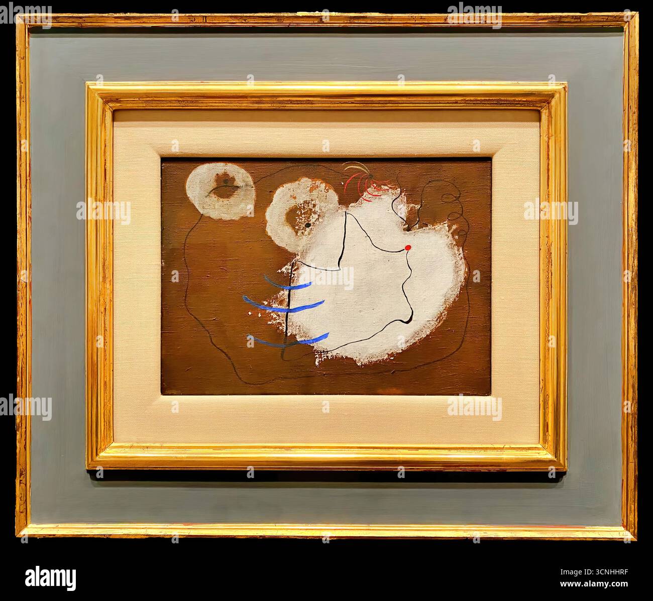 Joan Miró Painting, 1927, surrealistische abstrakte Komposition mit schwebenden Symbolen, vereinfachten Formen und verspielten traumhaften Bildern auf kühlem Hintergrund. Stock Vektor