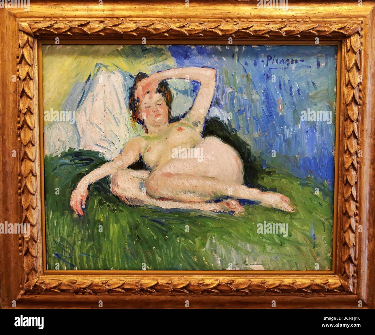 Pablo Picasso Jeanne (liegende Frau), 1901, frühe blaue Periode Gemälde einer liegenden weiblichen Figur mit ausdrucksstarken Linien, düsteren Tönen. Stock Vektor