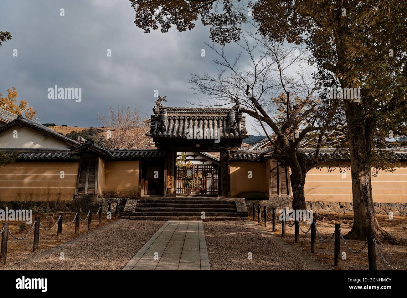 Traditionelles, von Bäumen eingerahmtes Tempeltor im historischen Viertel von Nara Stockfoto