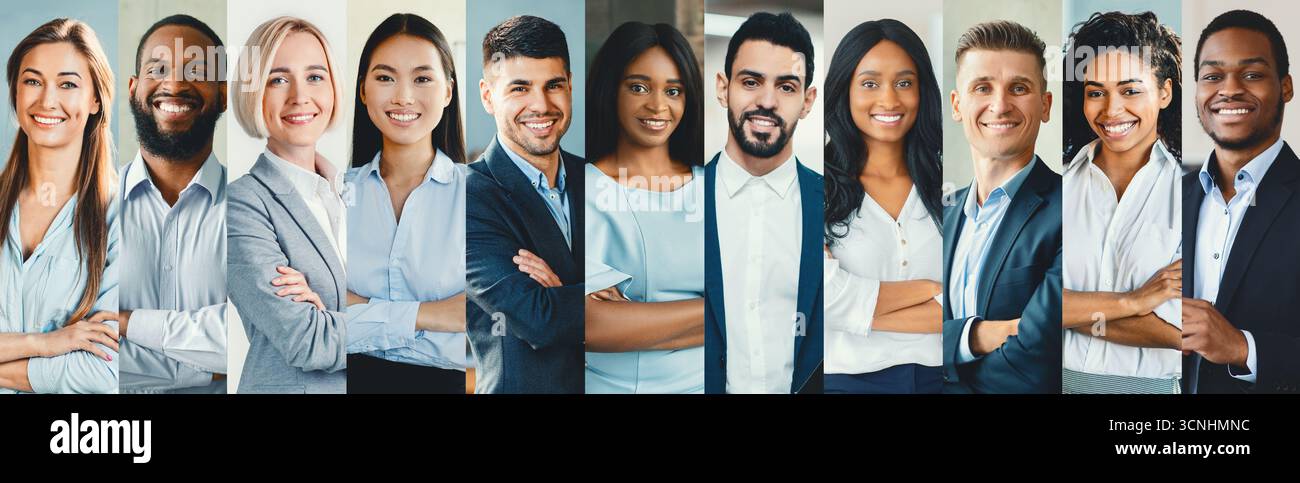 Vielfältige Gruppe von Fachleuten, die sich selbstbewusst in moderner Büroumgebung mit generativer KI ausgeben Stockfoto