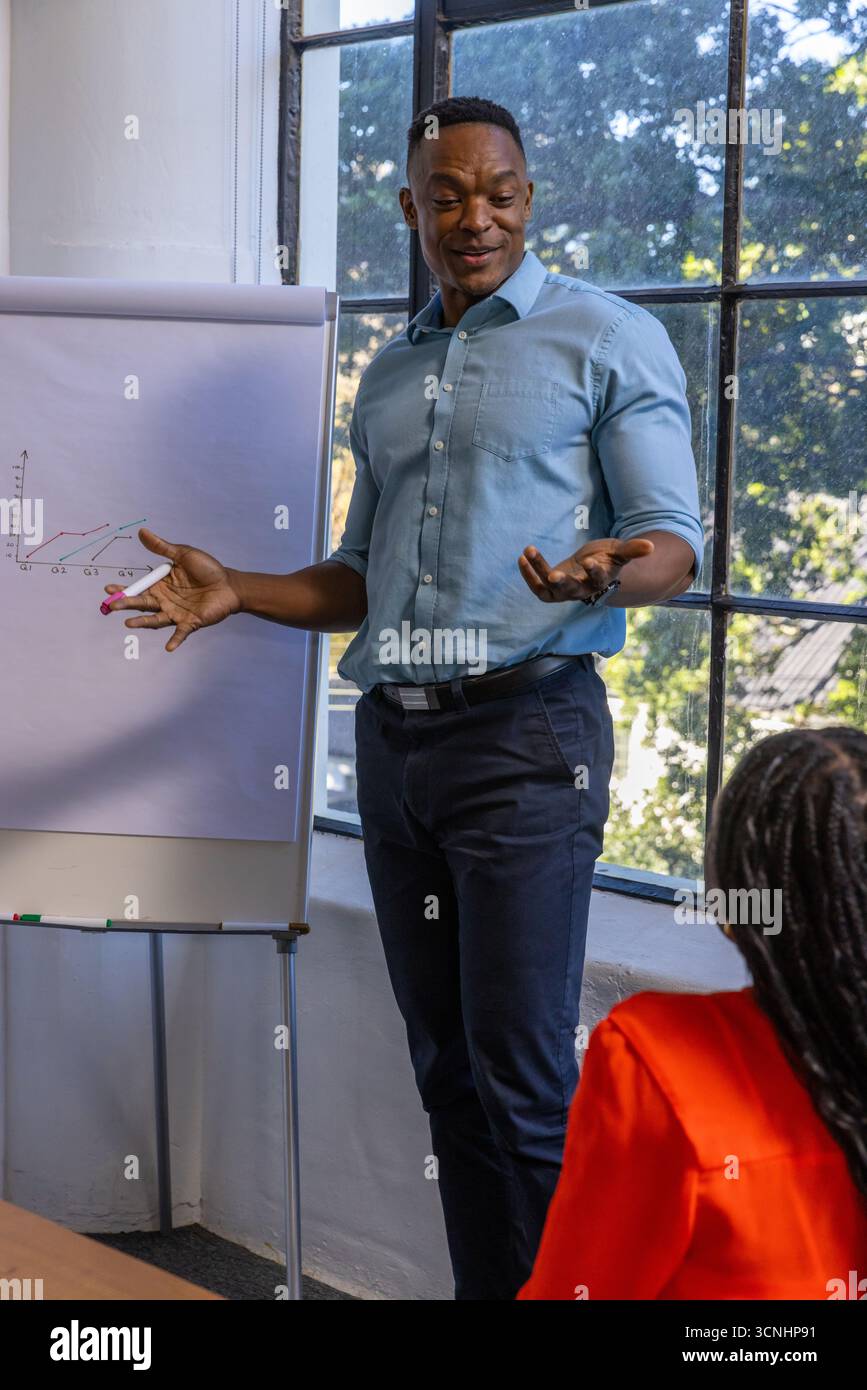 afroamerikanische Kollegen, die mit Markierungen am Flipchart mit Liniendiagramm im Büro Gesten machen Stockfoto