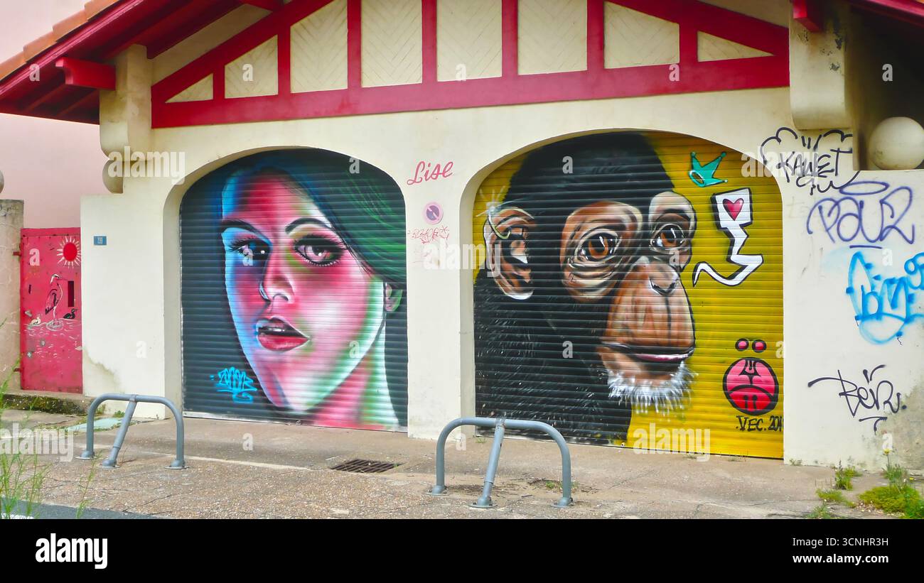 Graffiti-Kunstwerke an zwei Garagentoren in einem urbanen Ambiente, die farbenfrohe Street Art mit detaillierten Designs aus einer Frontalperspektive zeigen Stockfoto Graffiti-Kunstwerke an zwei Garagentoren in einem urbanen Ambiente, die farbenfrohe Street Art mit detaillierten Designs aus einer Frontalperspektive zeigen Stockfoto