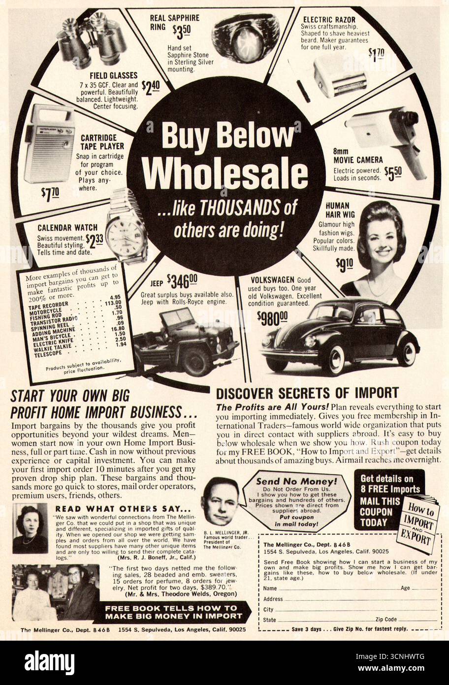 1968 die Anzeige der Mellinger Company, ein Unternehmen, das die Gründung eines Eigenheimportgeschäfts durch den Kauf von Artikeln unter Großhandelspreisen förderte Stockfoto