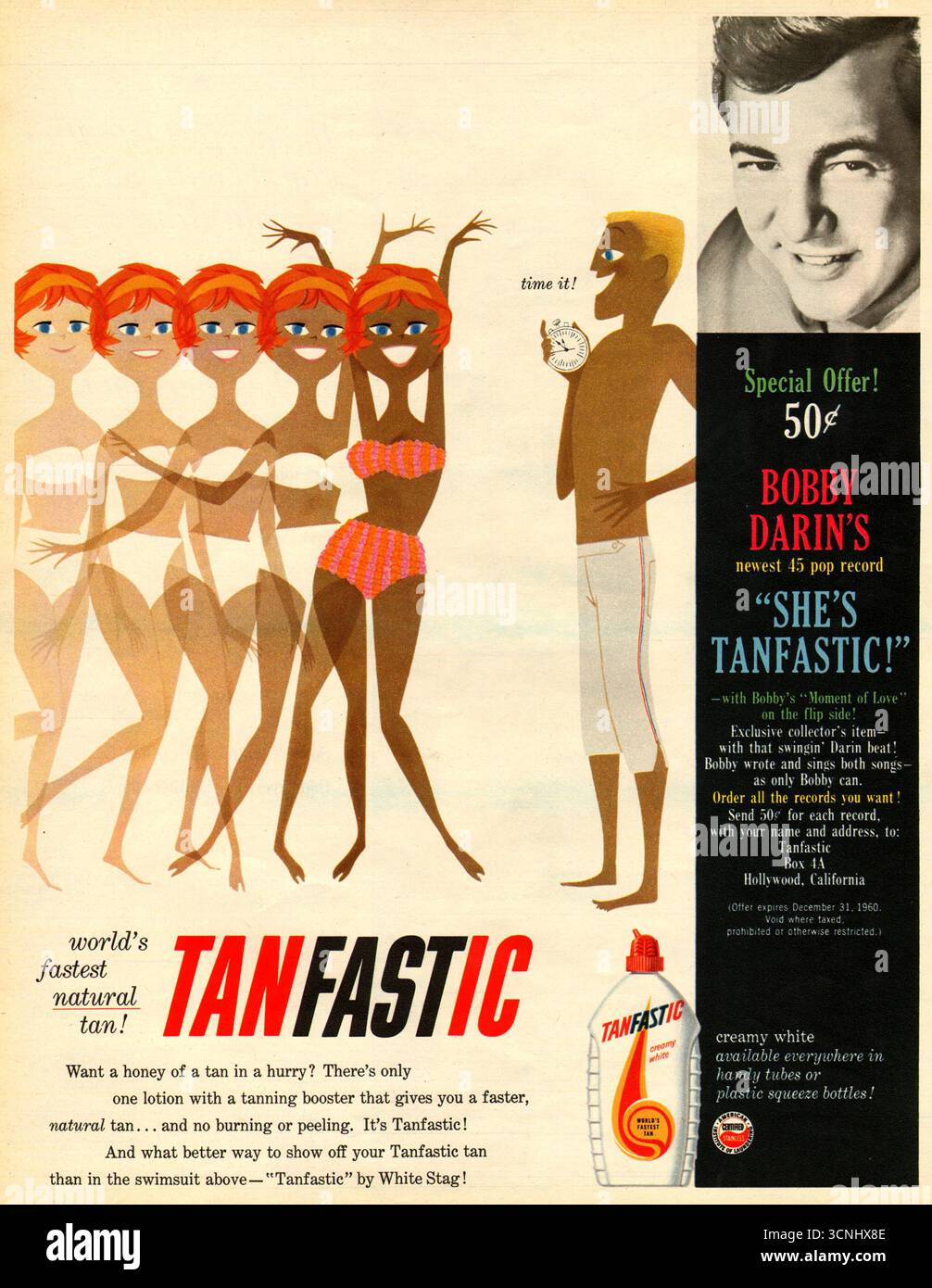 1960 White Hirsch Tanfastic Suntan Lotion Werbung mit Bobby darin Stockfoto