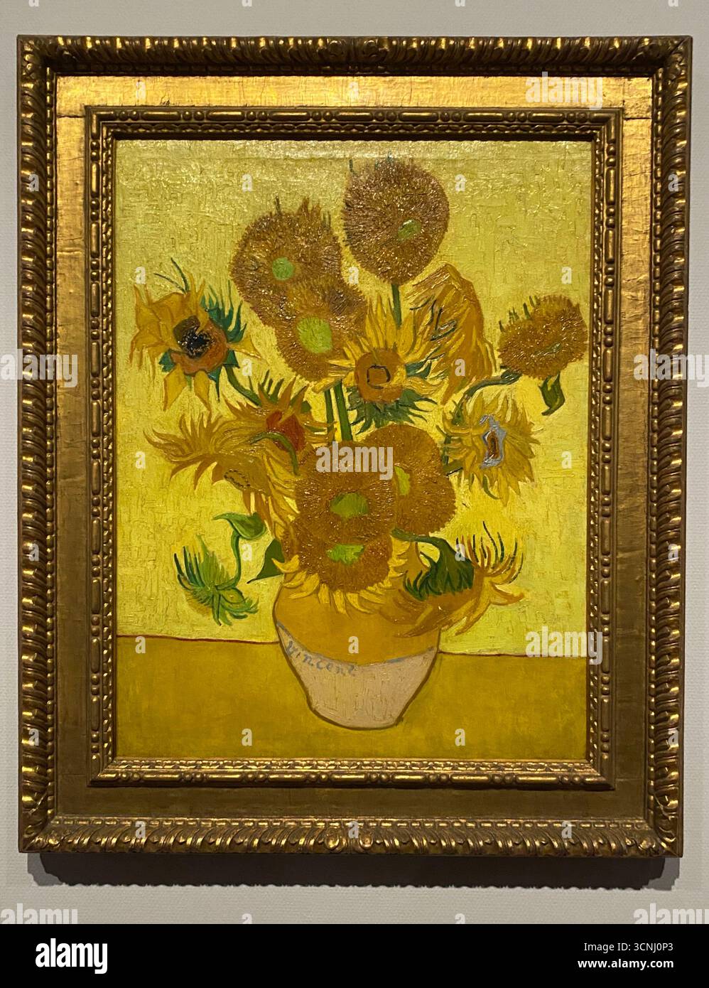 Van Goghs Gemälde mit Sonnenblumen gehören zu seinen berühmtesten. In den Jahren 1888 und 1889 malte Vincent insgesamt fünf große Leinwände mit Sonnenblumen in einer Vase , drei Gelbtöne und nichts anderes . Auf diese Weise zeigte er , dass es möglich war , ein Bild mit zahlreichen Variationen einer einzigen Farbe ohne Eloquenzverlust zu erzeugen . Stockfoto